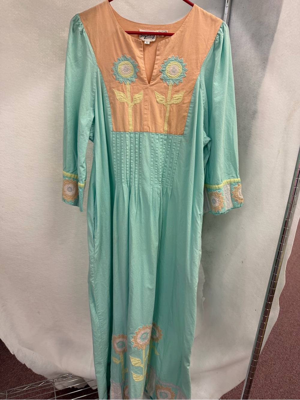 Embroidered Floral Maxi Dress in Aqua and Peach kaftan